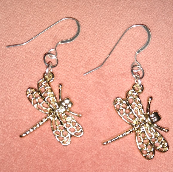 Solid 925 KATTA REAL Sterling Silver Ear Wire Dragonflies Dragonfly Earrings New - Picture 1 of 6